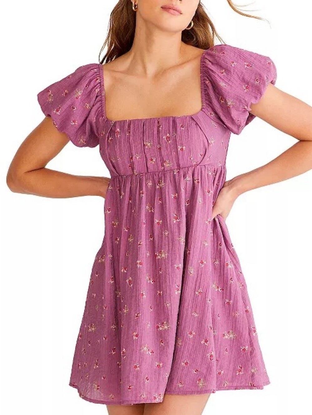 Purple Puff Sleeve Floral Mini Dress
